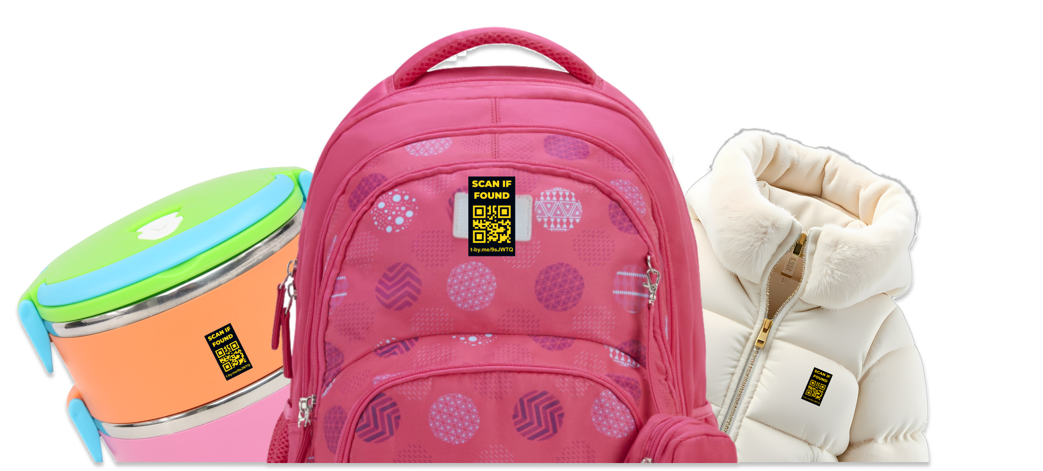Tagaby hero illustration with backpack, lunch container, jacket and NFC tags