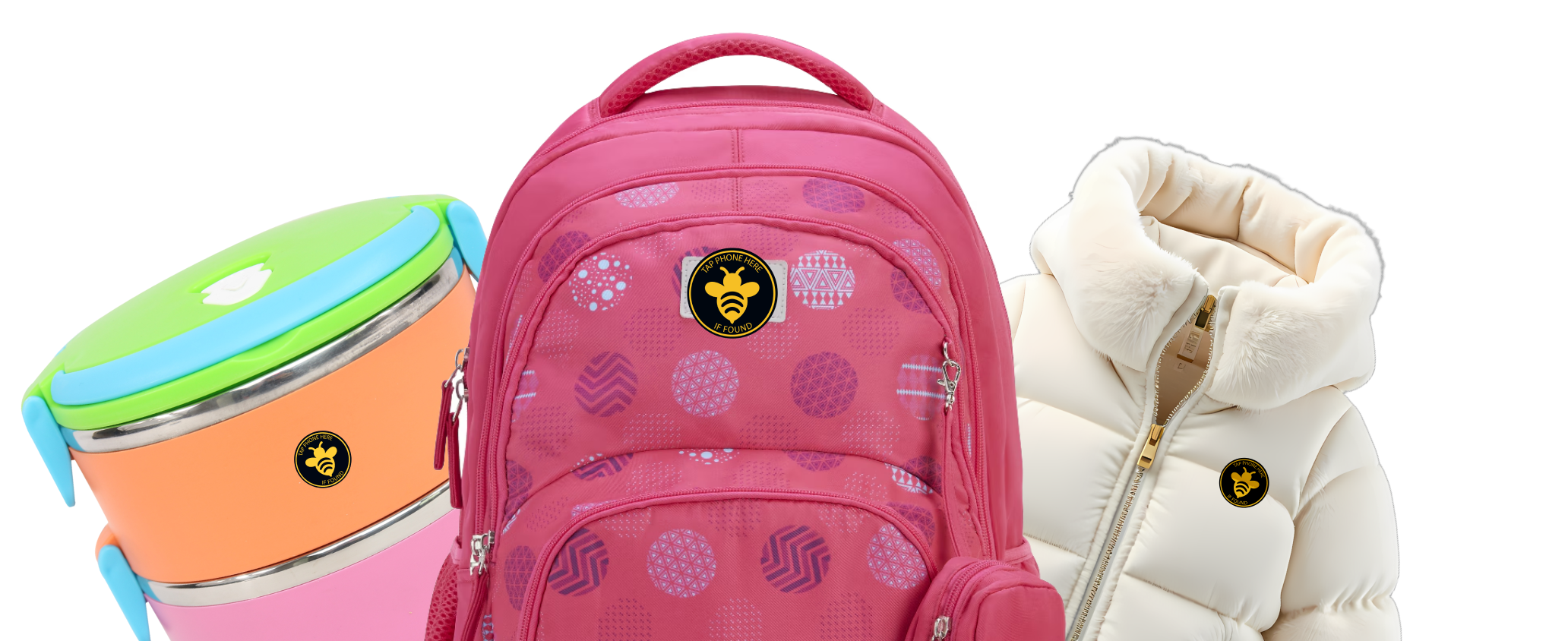 Tagaby hero illustration with backpack, lunch container, jacket and NFC tags