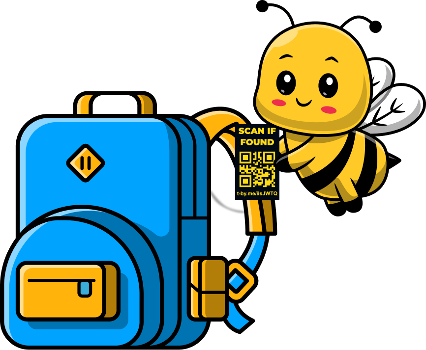 Tag illustration with bee mascot and backpack