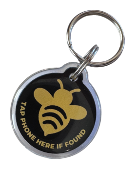 Tagaby keychain with the bee logo and the words Tap phone here if found